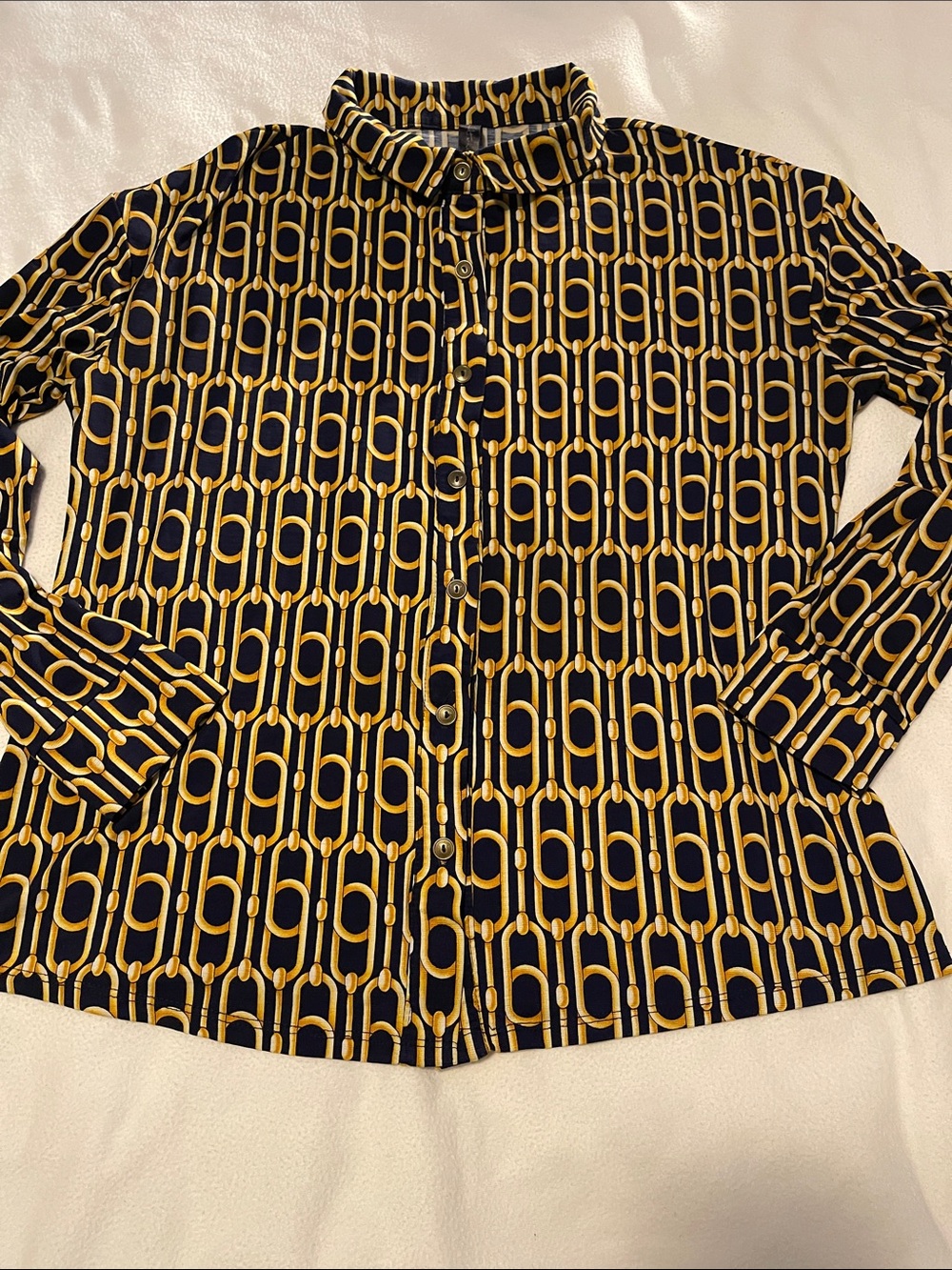 Anthropologie Navy and Gold Geometric Chain-Print Button-Down Shirt